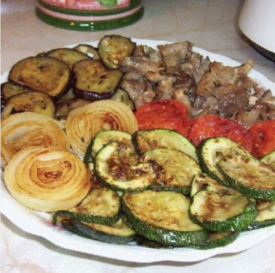 Parrillada de verduras con gurullos de Almería con conejo